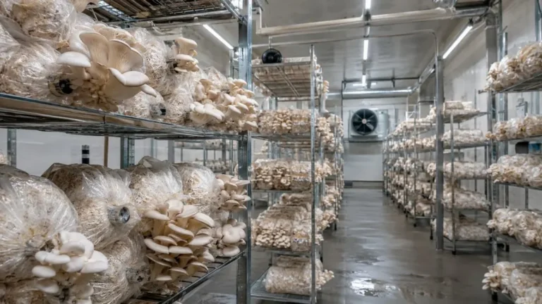 Indoor mushroom farming setup with oyster mushroom grow bags