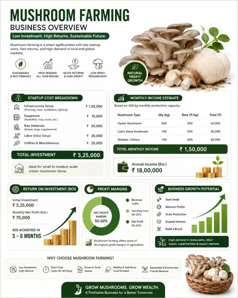 mushroom farming profitability cost and profit infographic