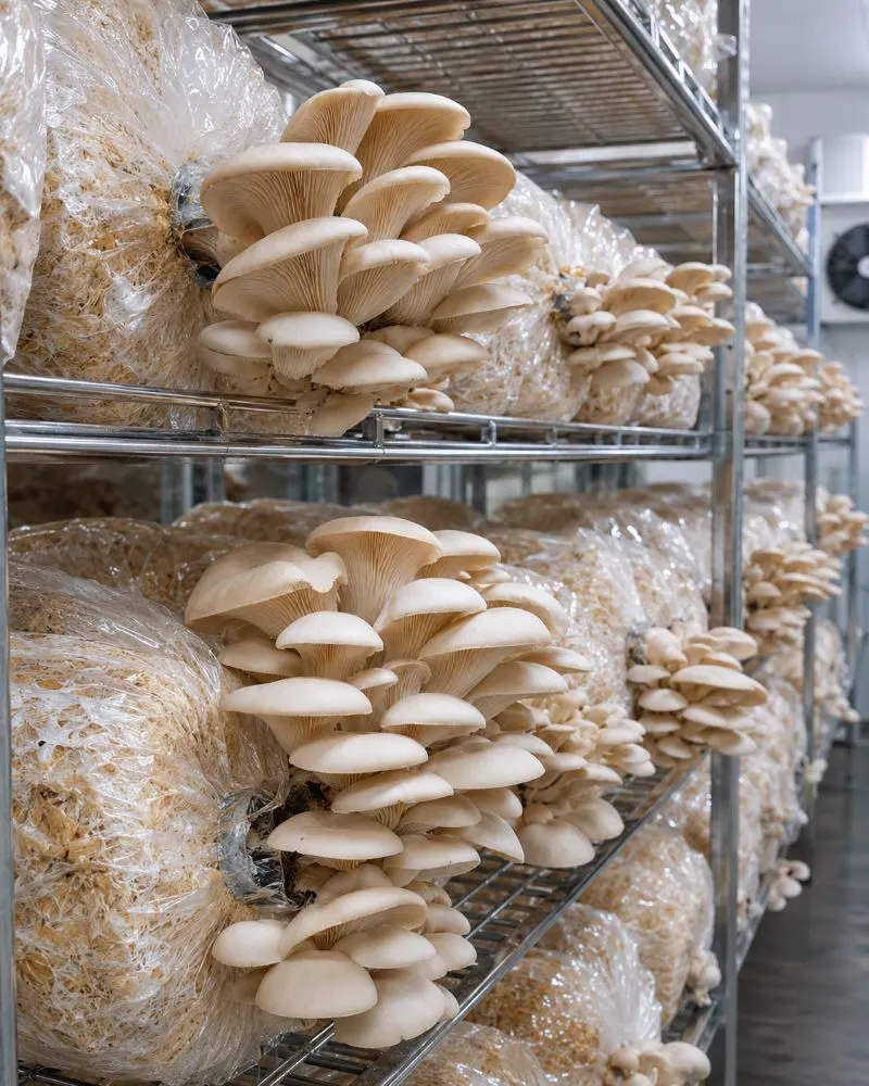 Fresh oyster mushrooms growing indoors on shelving racks