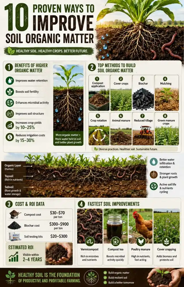 Infographic showing how to improve soil organic matter naturally
