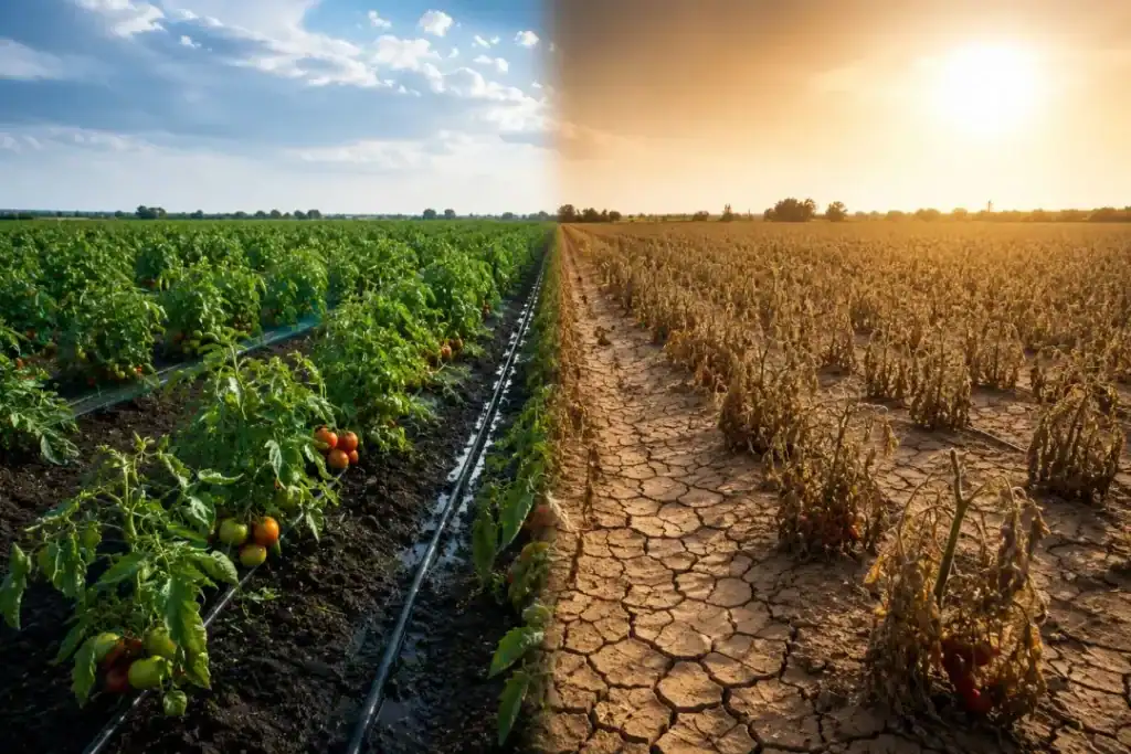 Drip irrigation in a tomato field during hot weather
