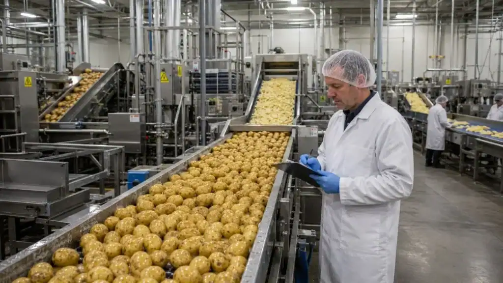 Potatoes moving through a modern commercial processing facility