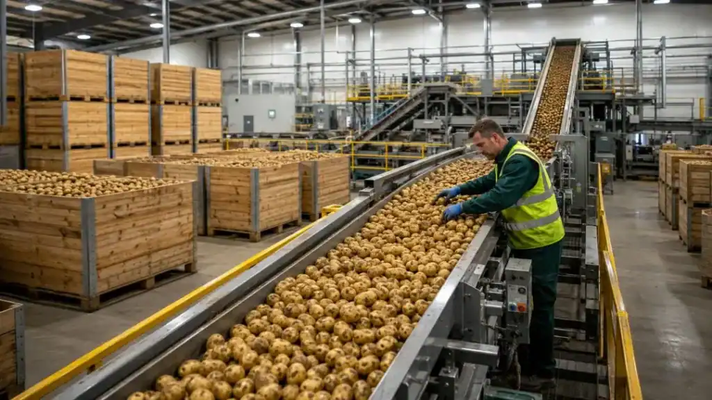 Commercial potatoes moving through a modern storage and grading facility